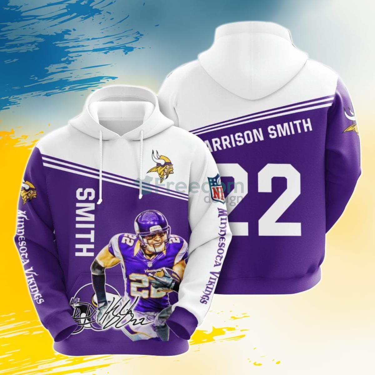 NFL Minnesota Vikings Harrison Smith Purple White 3D Pullover Hoodie For Fans Product Photo 1