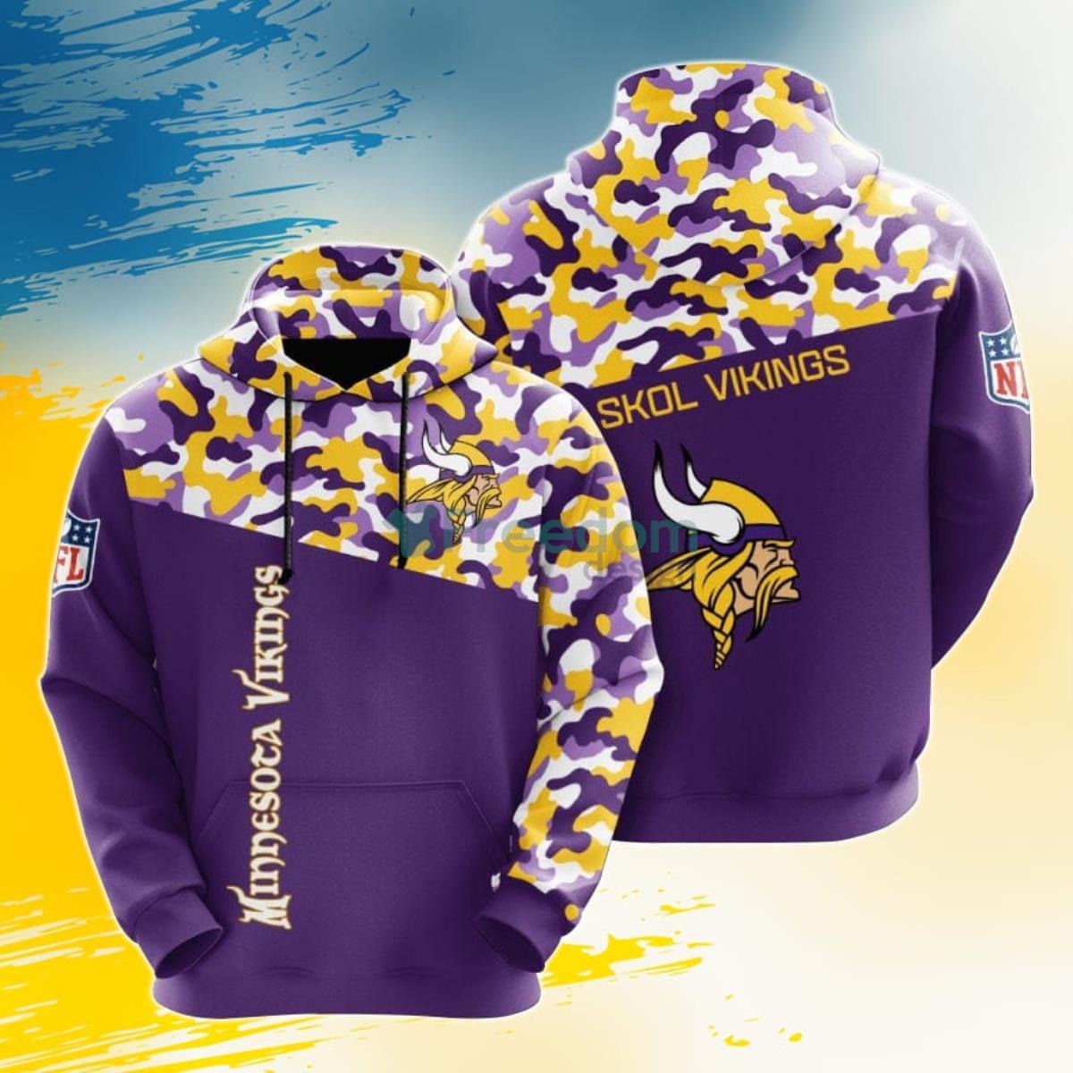 NFL Minnesota Vikings Purple Gold Camo 3D Pullover Hoodie For Fans Product Photo 1