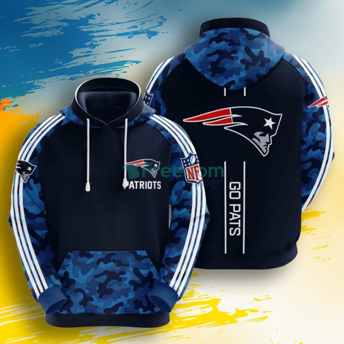 NFL New England Patriots Blue Camo 3D Pullover Hoodie For Fans Product Photo 1