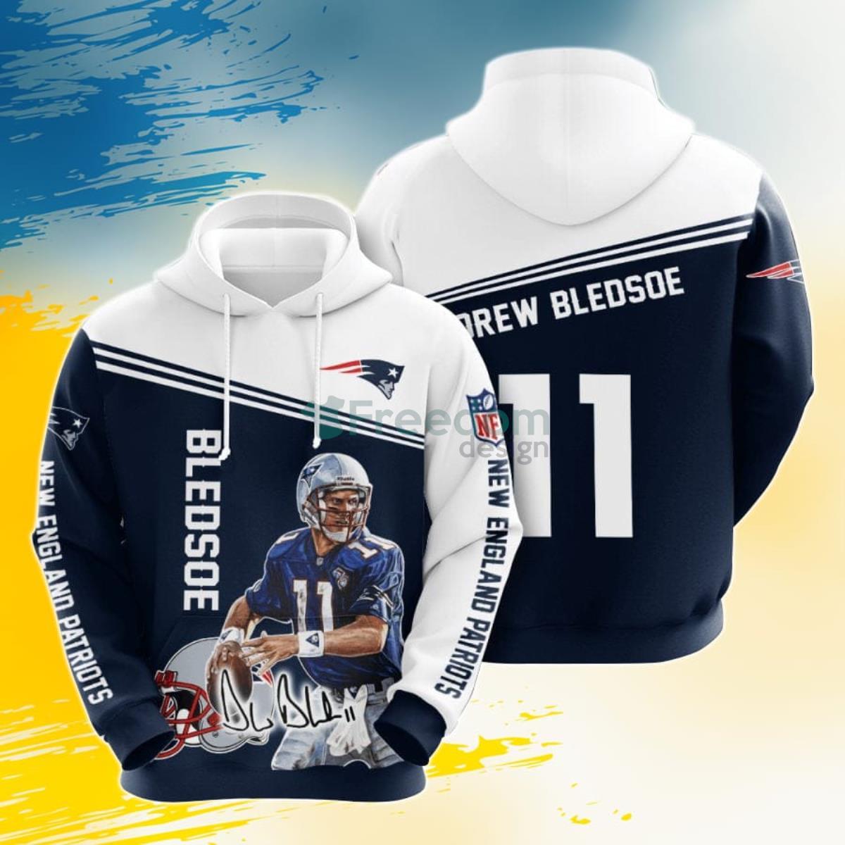 NFL New England Patriots Drew Bledsoe Blue White 3D Pullover Hoodie For Fans Product Photo 1