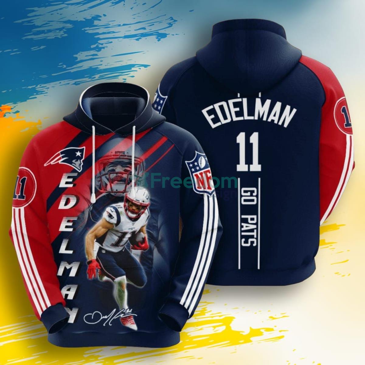 NFL New England Patriots Julian Edelman Blue Red Stripes 3D Pullover Hoodie For Fans Product Photo 1