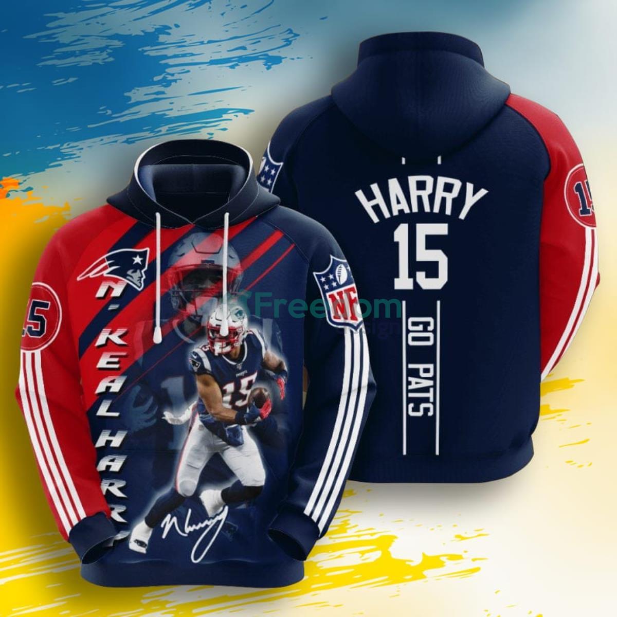 NFL New England Patriots N'Keal Harry Blue Red Stripes 3D Pullover Hoodie For Fans Product Photo 1