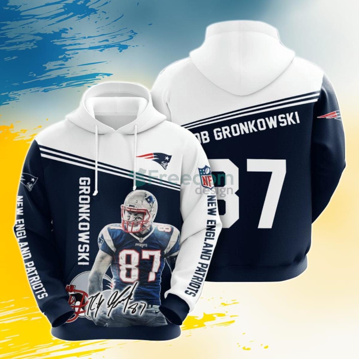 NFL New England Patriots Rob Gronkowski Blue White 3D Pullover Hoodie For Fans Product Photo 1