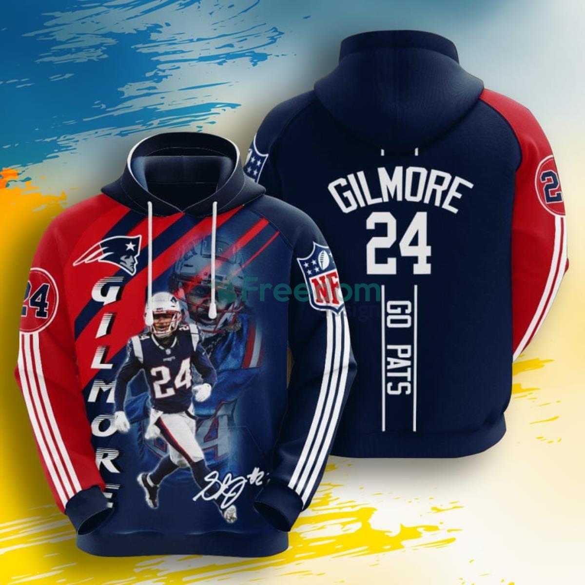 NFL New England Patriots Stephon Gilmore Blue Red Stripes 3D Pullover Hoodie For Fans Product Photo 1