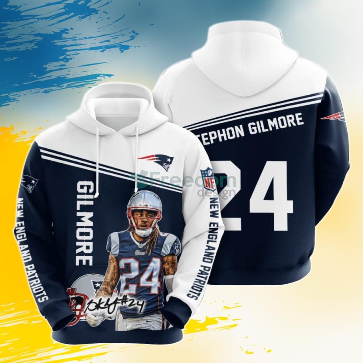 NFL New England Patriots Stephon Gilmore Blue White 3D Pullover Hoodie For Fans Product Photo 1