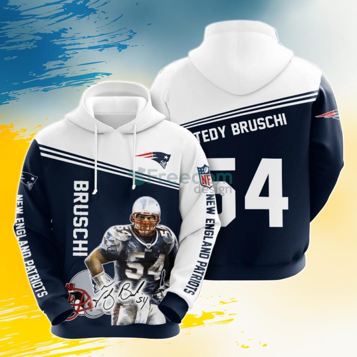 NFL New England Patriots Tedy Bruschi Blue White 3D Pullover Hoodie For Fans Product Photo 1