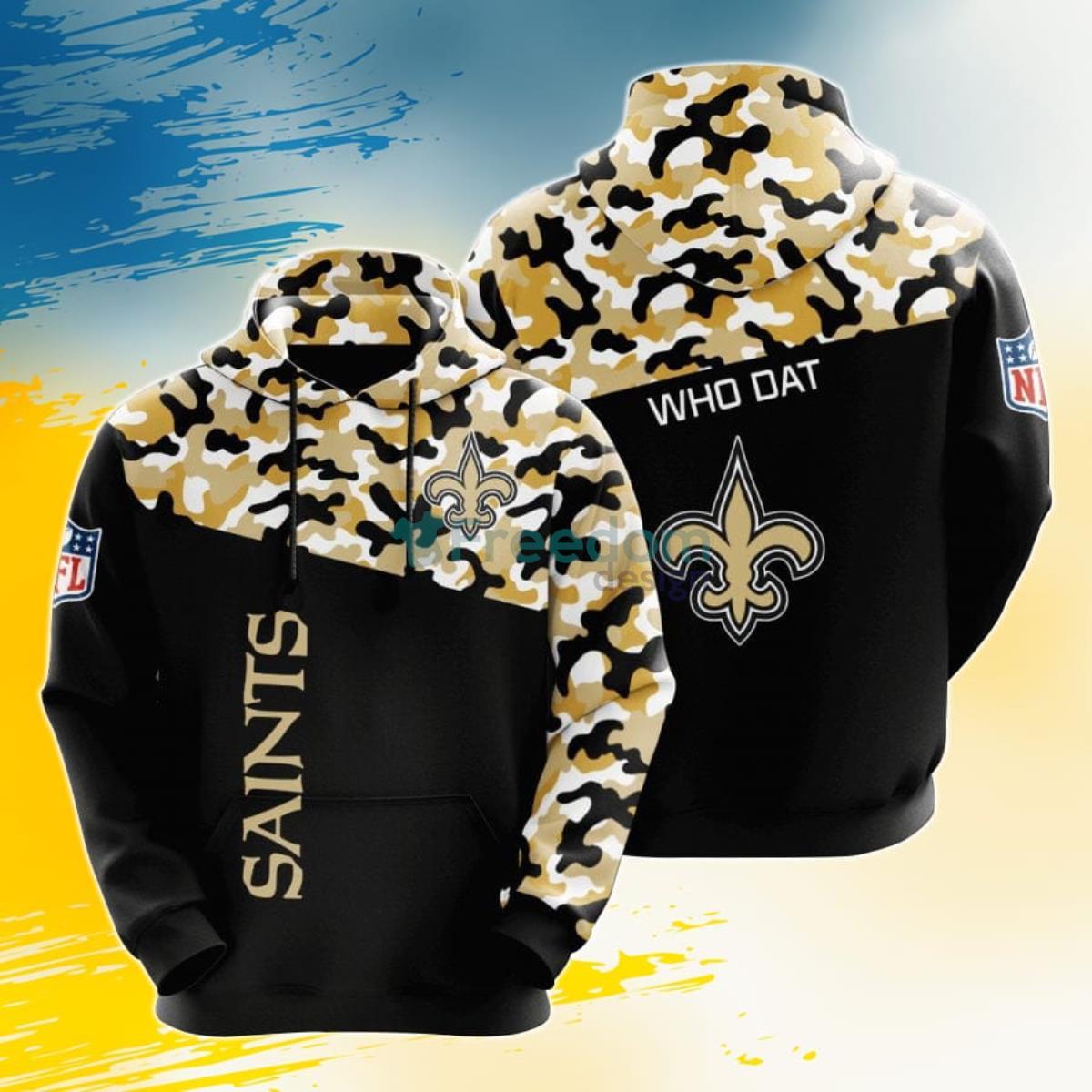 NFL New Orleans Saints Black Old Gold Camo 3D Pullover Hoodie For Fans Product Photo 1