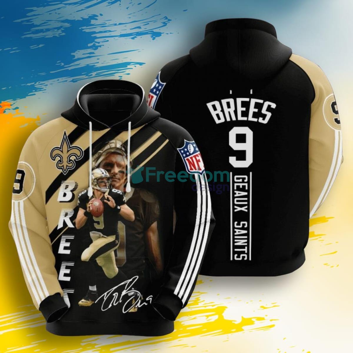 NFL New Orleans Saints Drew Brees Old Gold Black 3D Pullover Hoodie For Fans Product Photo 1