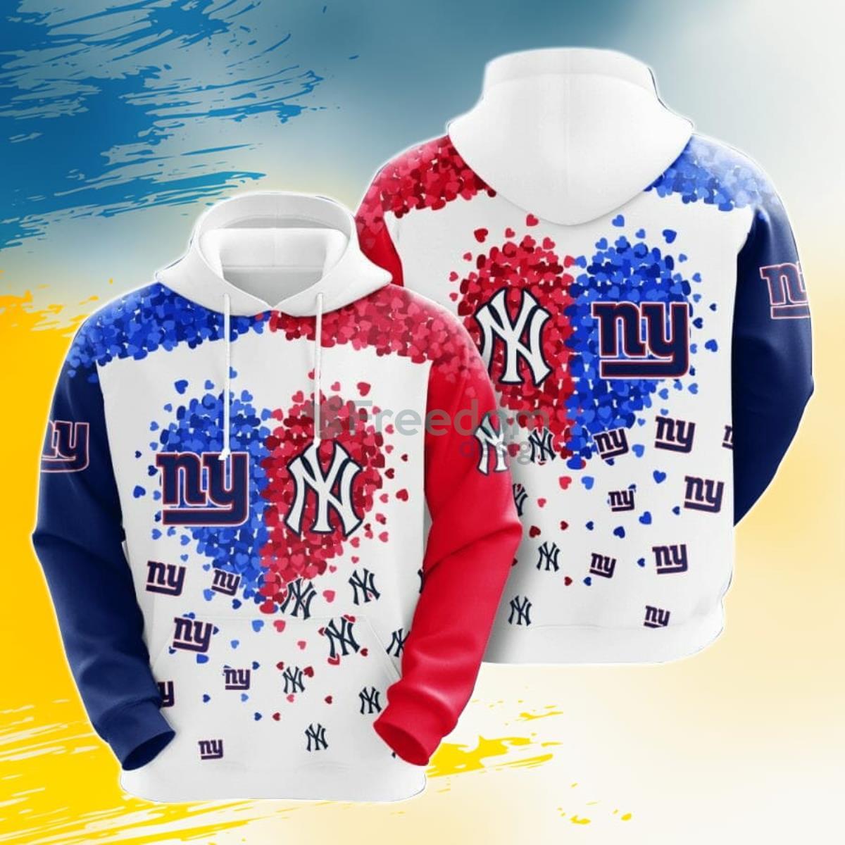 NFL New York Yankees & New York Giants Heart 3D Pullover Hoodie For Fans Product Photo 1