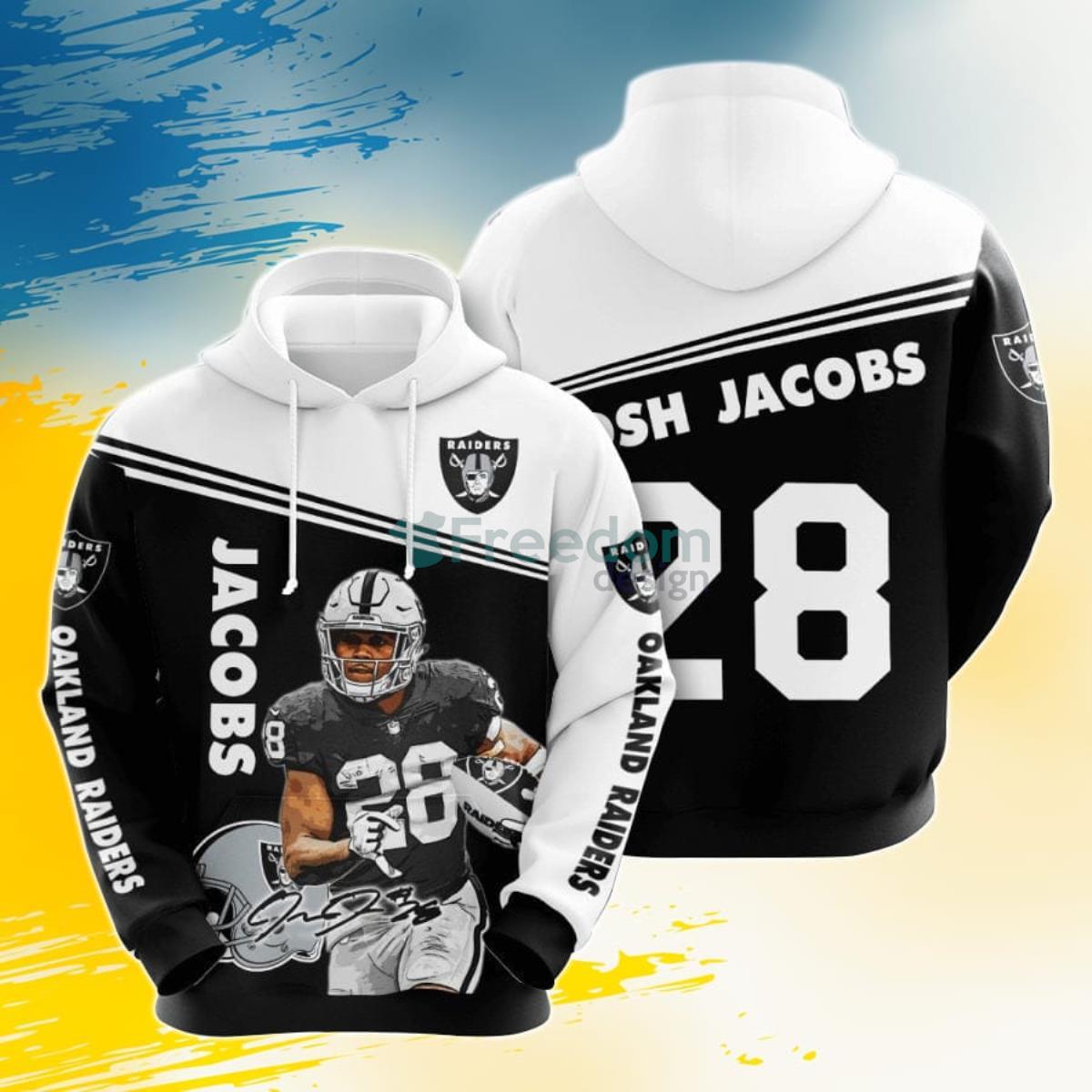 NFL Oakland Raiders Josh Jacobs Black White 3D Pullover Hoodie For Fans Product Photo 1