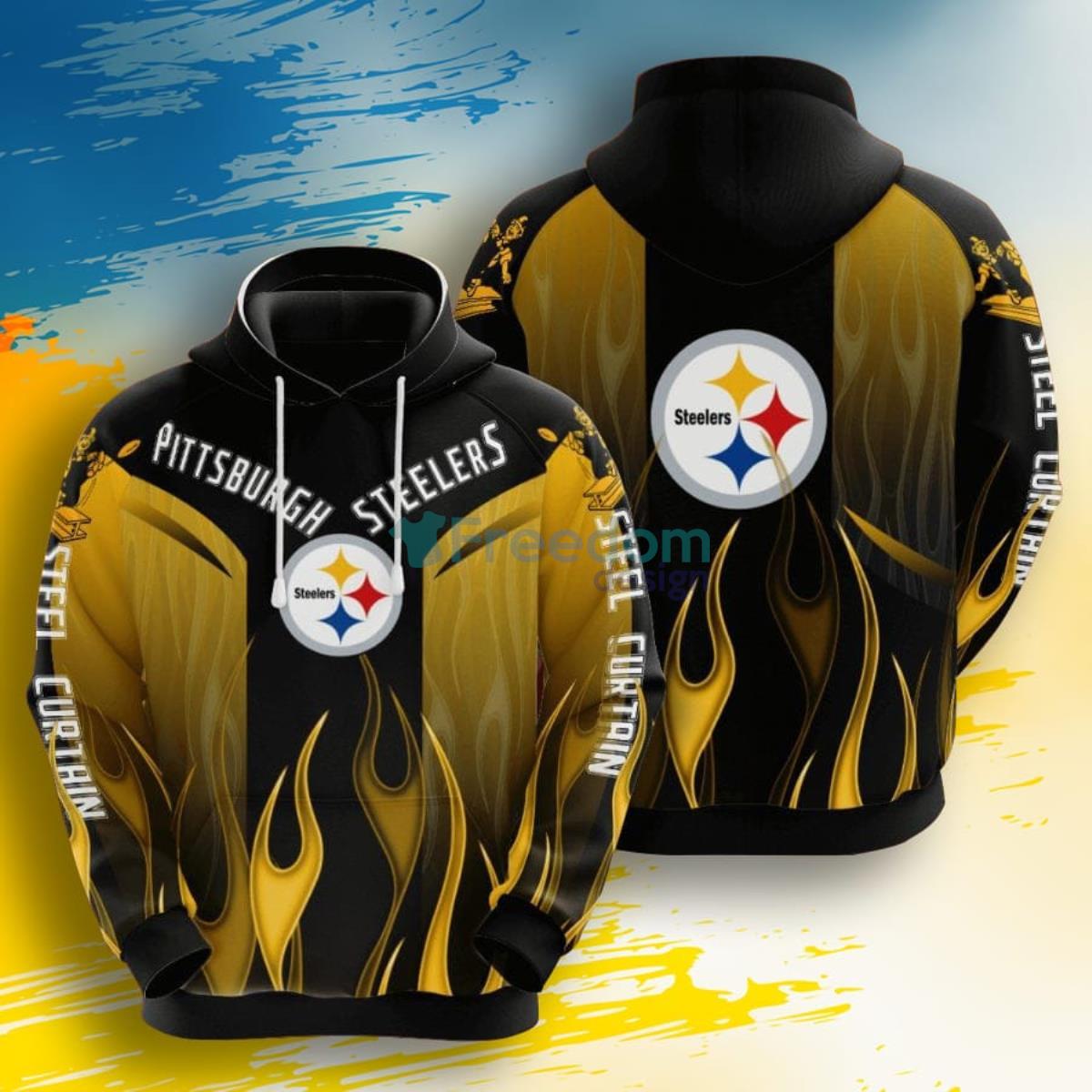 NFL Pittsburgh Steelers Black Gold Fire 3D Pullover Hoodie For Fans Product Photo 1