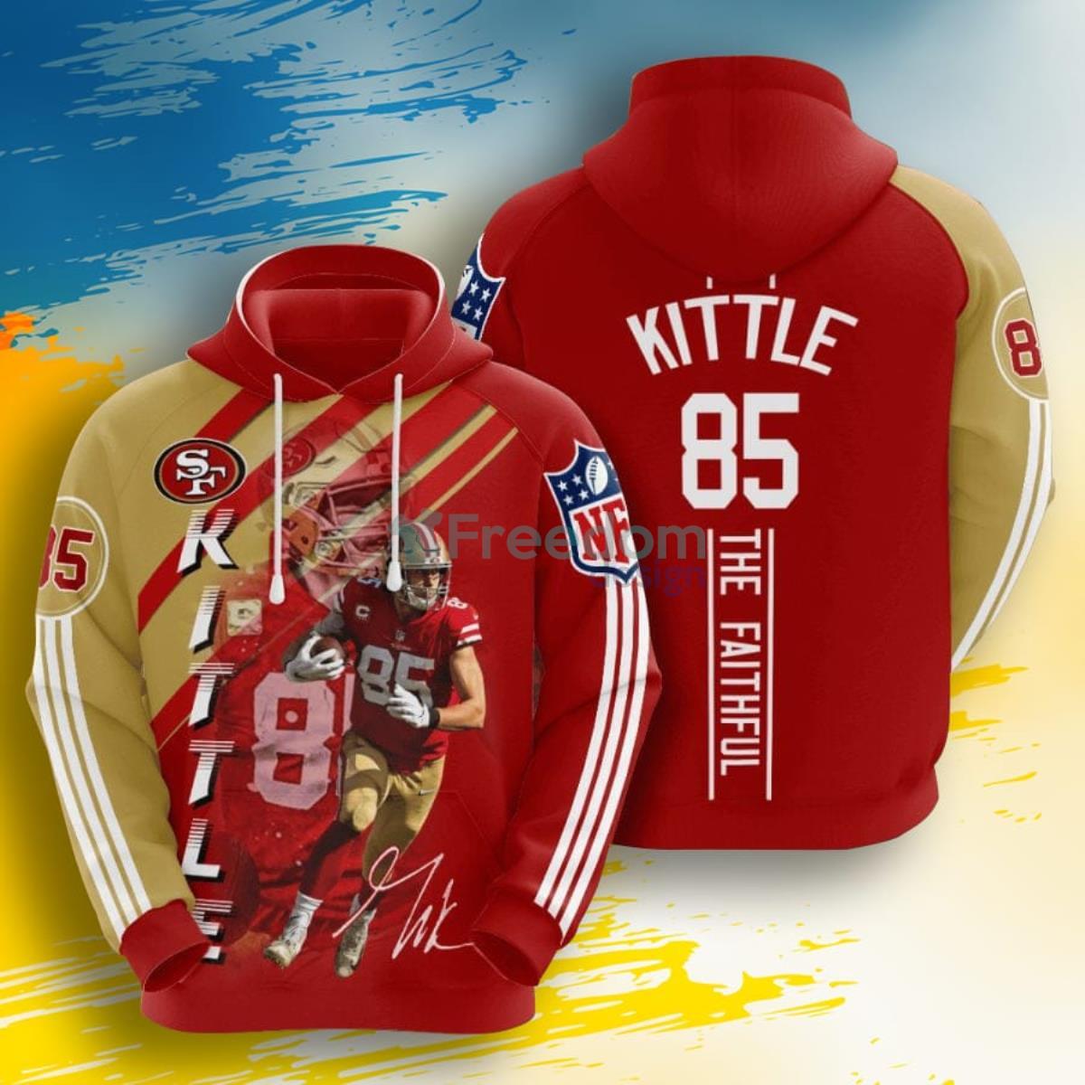 NFL San Francisco 49ers George Kittle Red Gold Stripes 3D Pullover Hoodie For Fans Product Photo 1