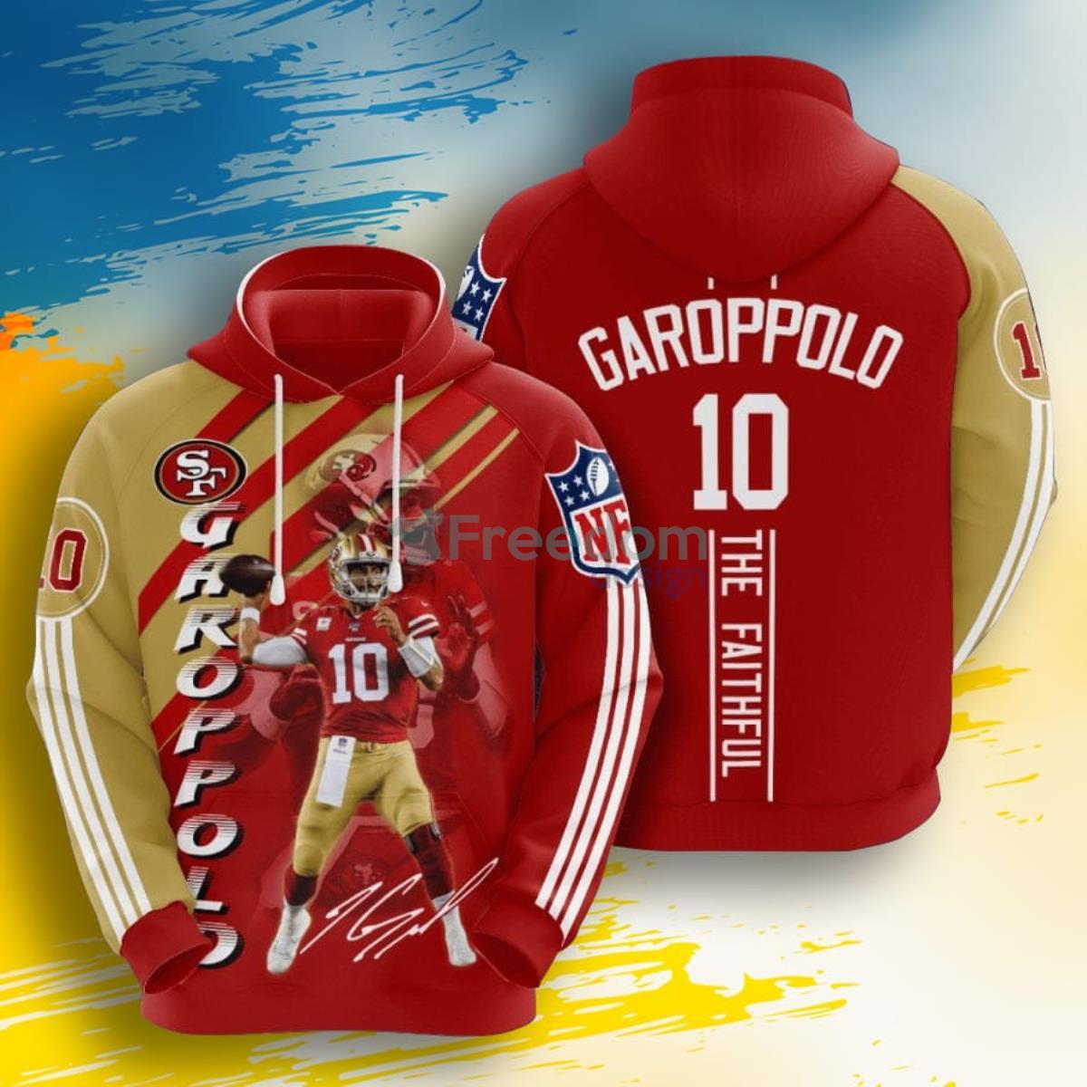 NFL San Francisco 49ers Jimmy Garoppolo Red Gold Stripes 3D Pullover Hoodie For Fans Product Photo 1