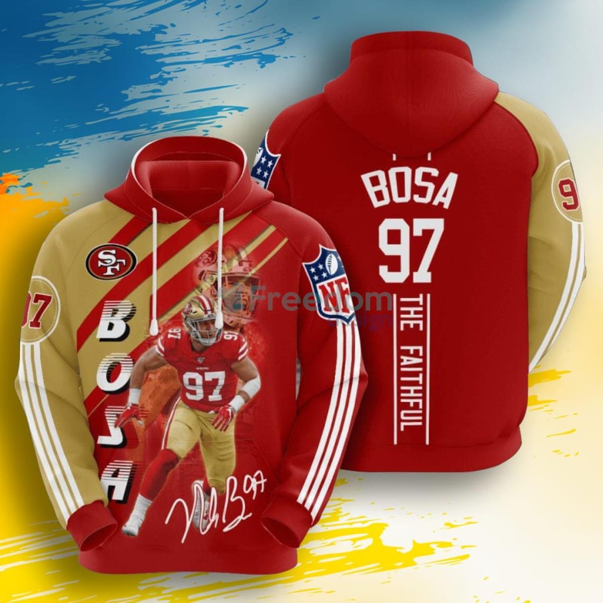 NFL San Francisco 49ers Nick Bosa Red Gold Stripes 3D Pullover Hoodie For Fans Product Photo 1