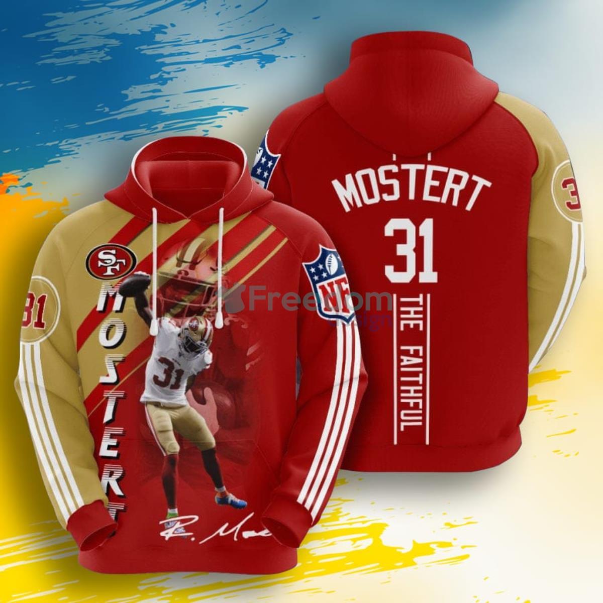 NFL San Francisco 49ers Raheem Mostert Red Gold Stripes 3D Pullover Hoodie For Fans Product Photo 1