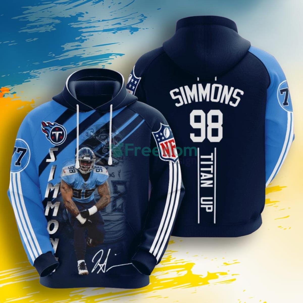 NFL Tennessee Titans Jeffery Simmons Navy Titans Blue Stripes 3D Pullover Hoodie For Fans Product Photo 1