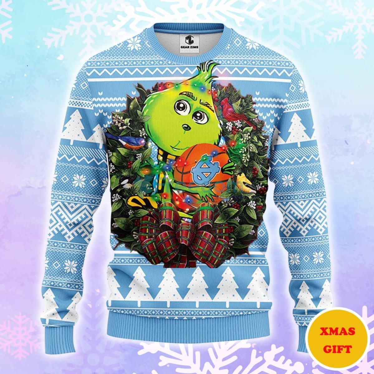 North Carolina Tar Heels Grinch Hug Christmas AOP Sweater Product Photo 1