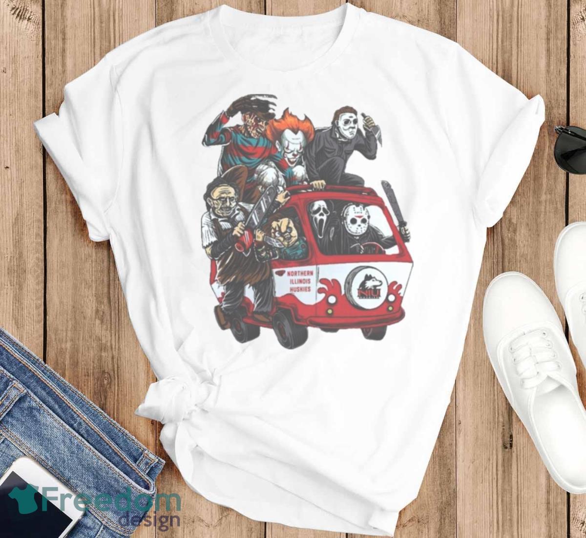 Northern Illinois Huskies Horror Movies Characters Bus Halloween 2023 T Shirt - T-SHIRT FLAT