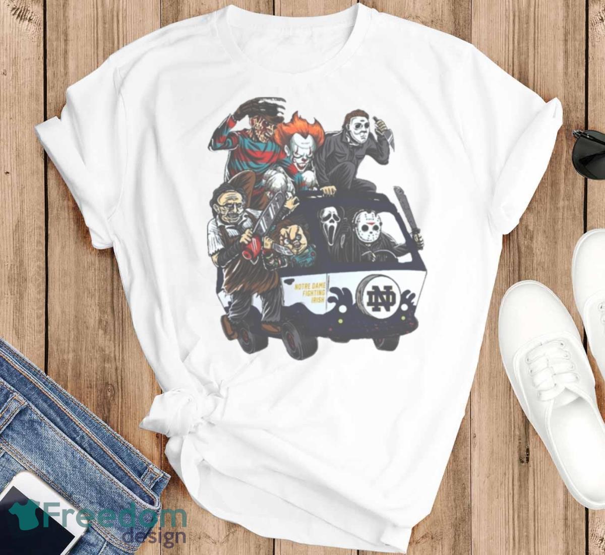 Notre Dame Fighting Irish Horror Movies Characters Bus Halloween 2023 T Shirt - T-SHIRT FLAT