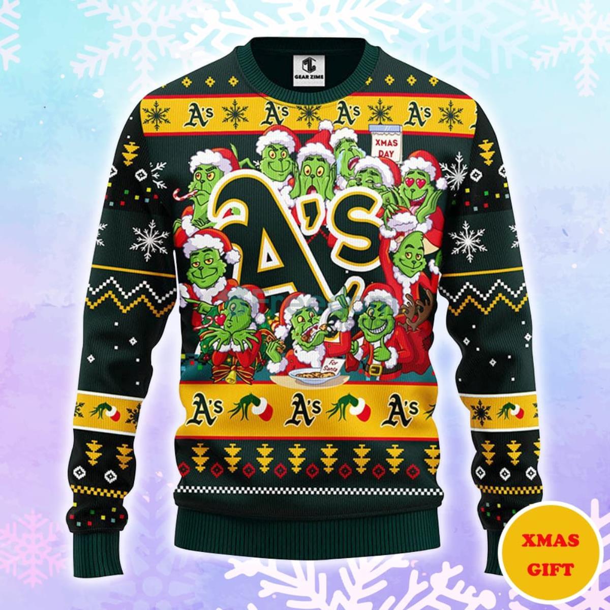 Oakland Athletics 12 Grinch Xmas Day Christmas AOP Sweater Product Photo 1