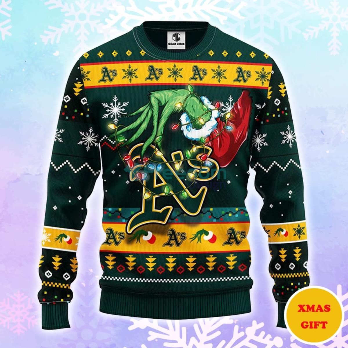 Oakland Athletics Grinch Christmas AOP Sweater Product Photo 1