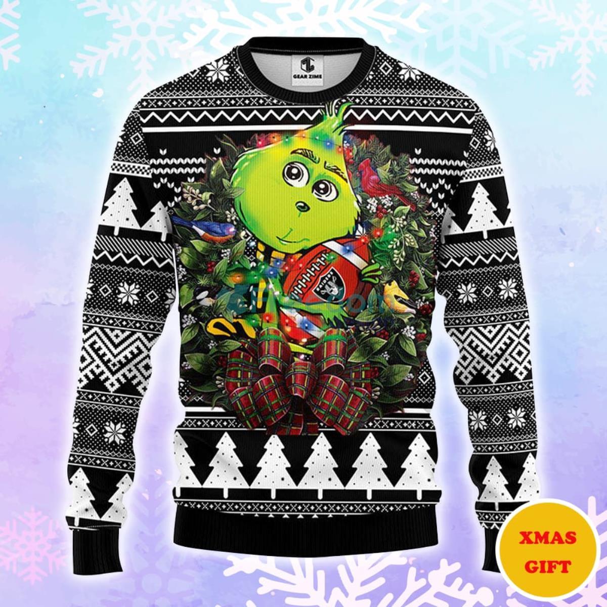 Oakland Raiders Grinch Hug Christmas AOP Sweater Product Photo 1