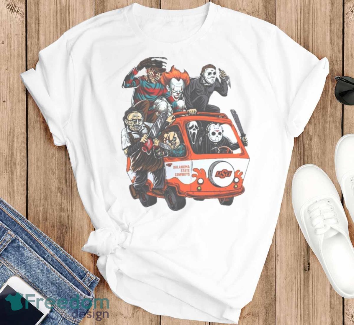 Oklahoma State Cowboys Horror Movies Characters Bus Halloween 2023 T Shirt - T-SHIRT FLAT