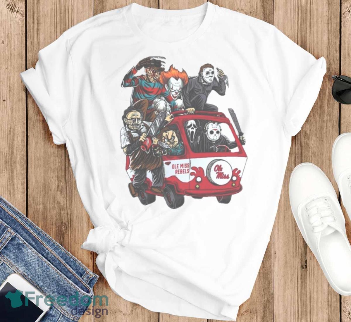 Ole Miss Rebels Horror Movies Characters Bus Halloween 2023 T Shirt - T-SHIRT FLAT