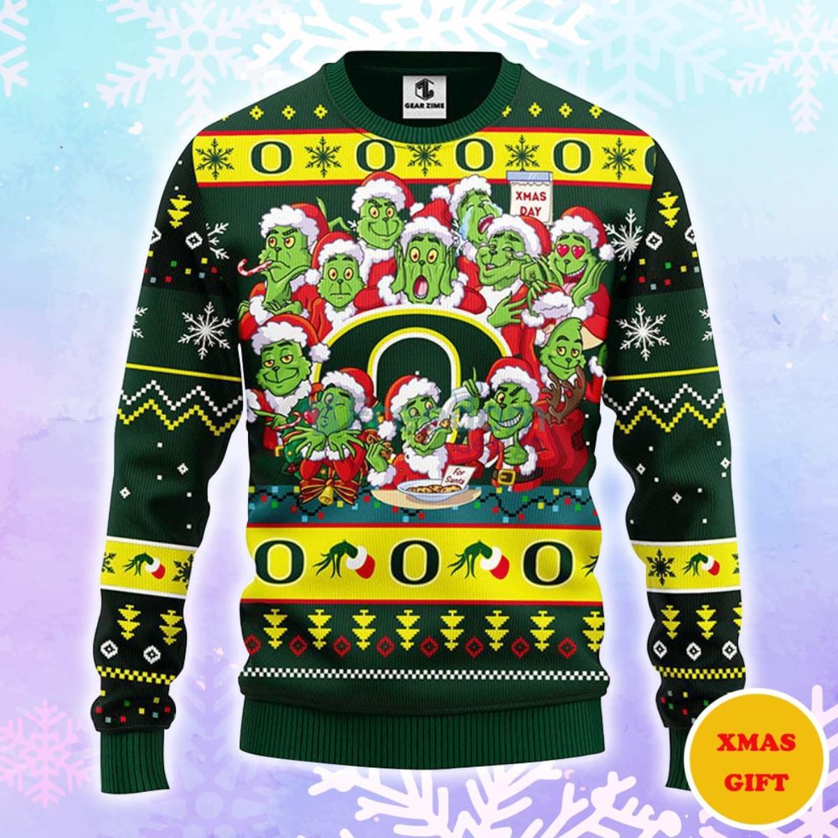 Oregon Ducks 12 Grinch Xmas Day Christmas AOP Sweater Product Photo 1