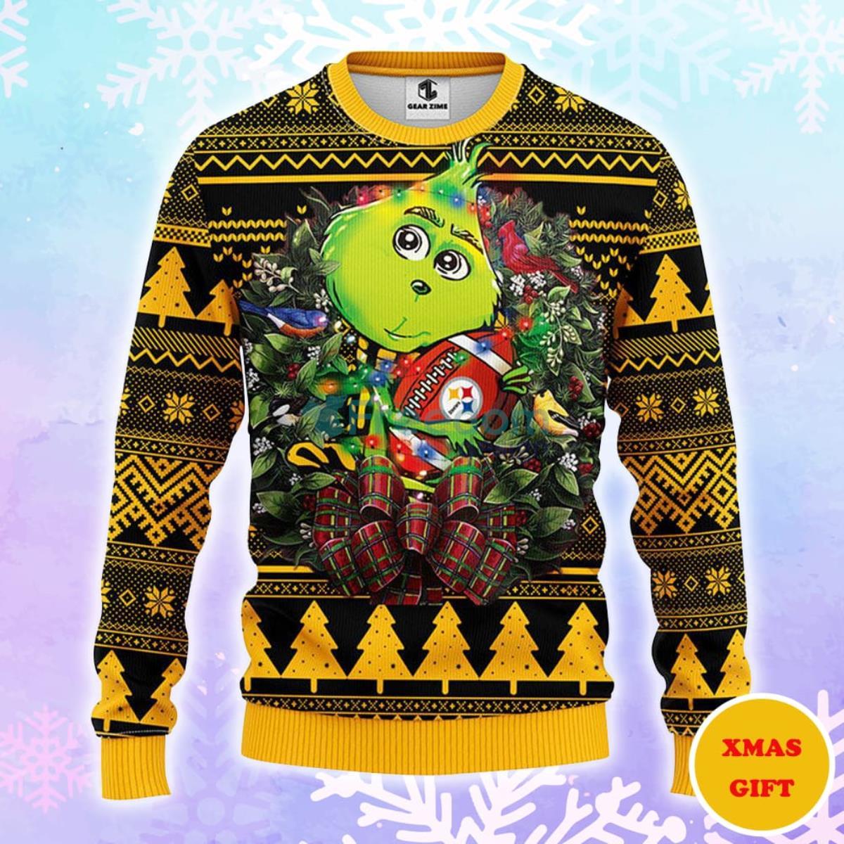 Pittsburgh Steelers Grinch Hug Christmas AOP Sweater Product Photo 1