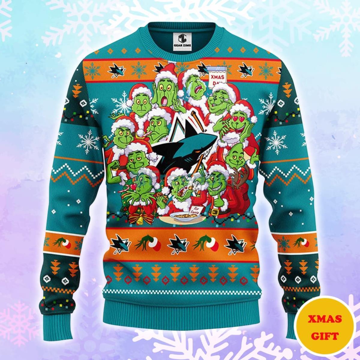 San Jose Sharks 12 Grinch Xmas Day Christmas AOP Sweater Product Photo 1