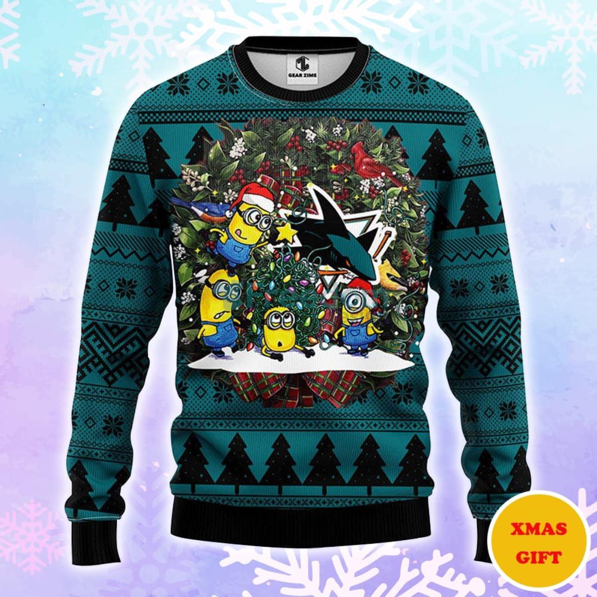 San Jose Sharks Minion Christmas AOP Sweater Product Photo 1