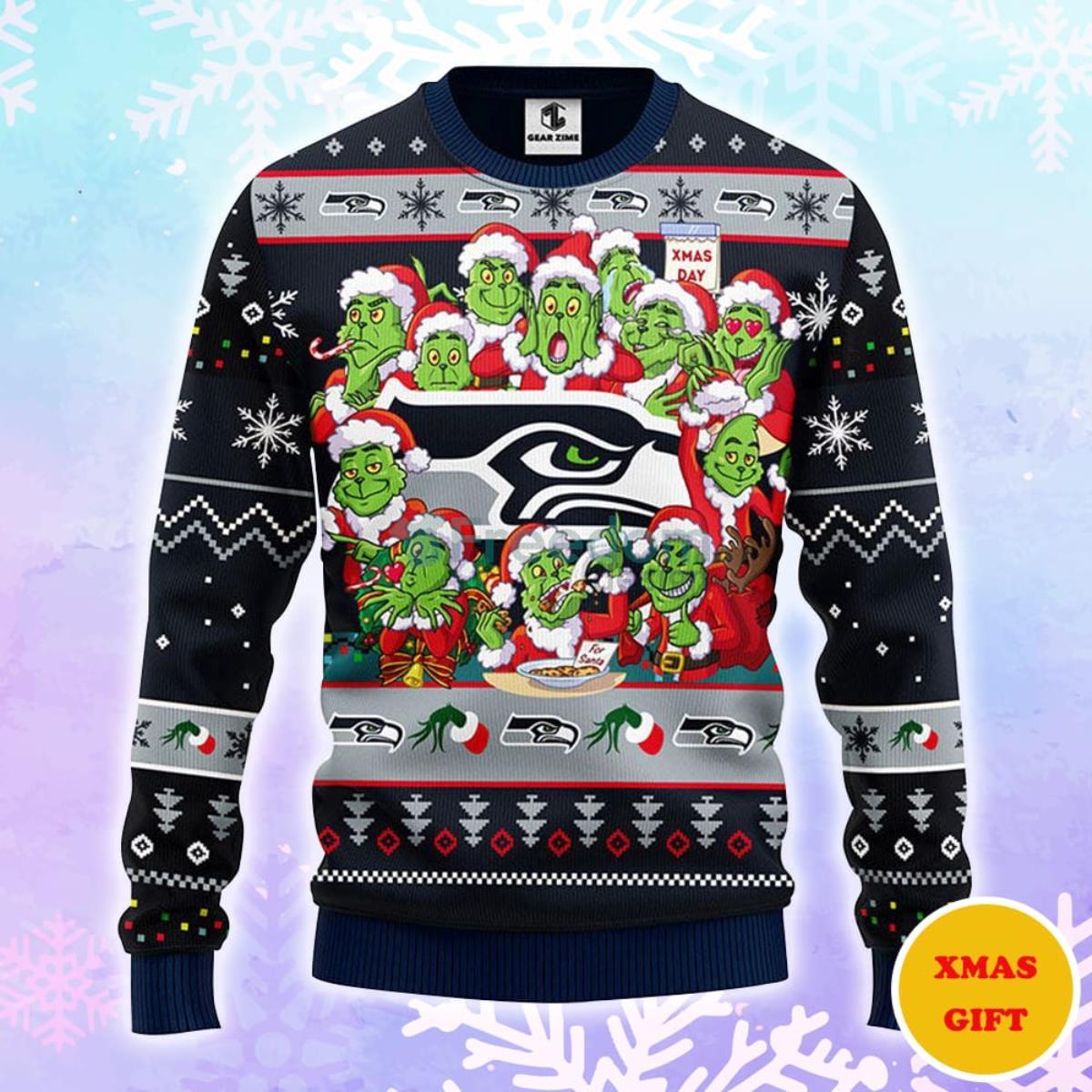 Seattle Seahawks 12 Grinch Xmas Day Christmas AOP Sweater Product Photo 2