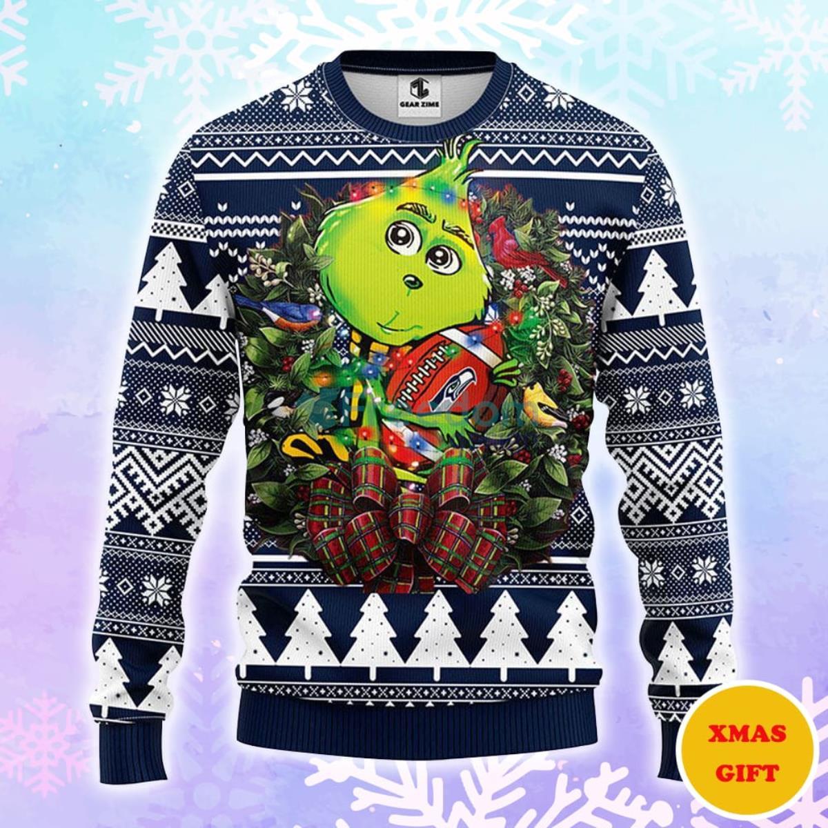 Seattle Seahawks Grinch Hug Christmas AOP Sweater Product Photo 1