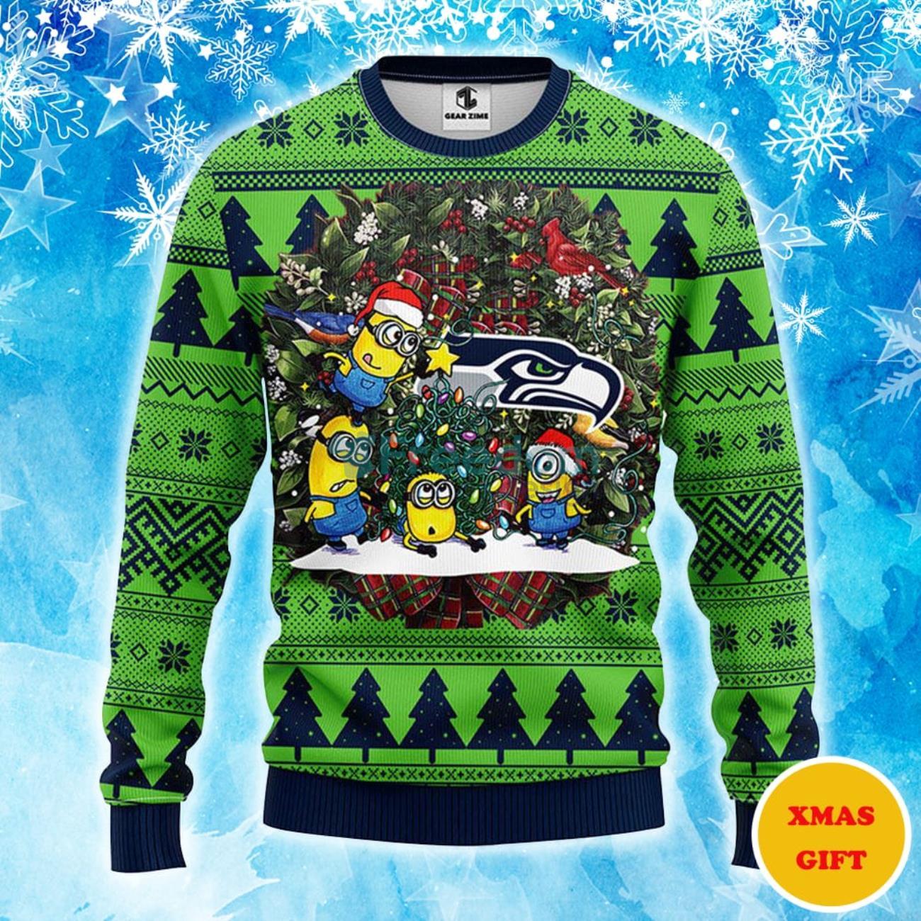 Seattle Seahawks Minion Christmas AOP Sweater Product Photo 1