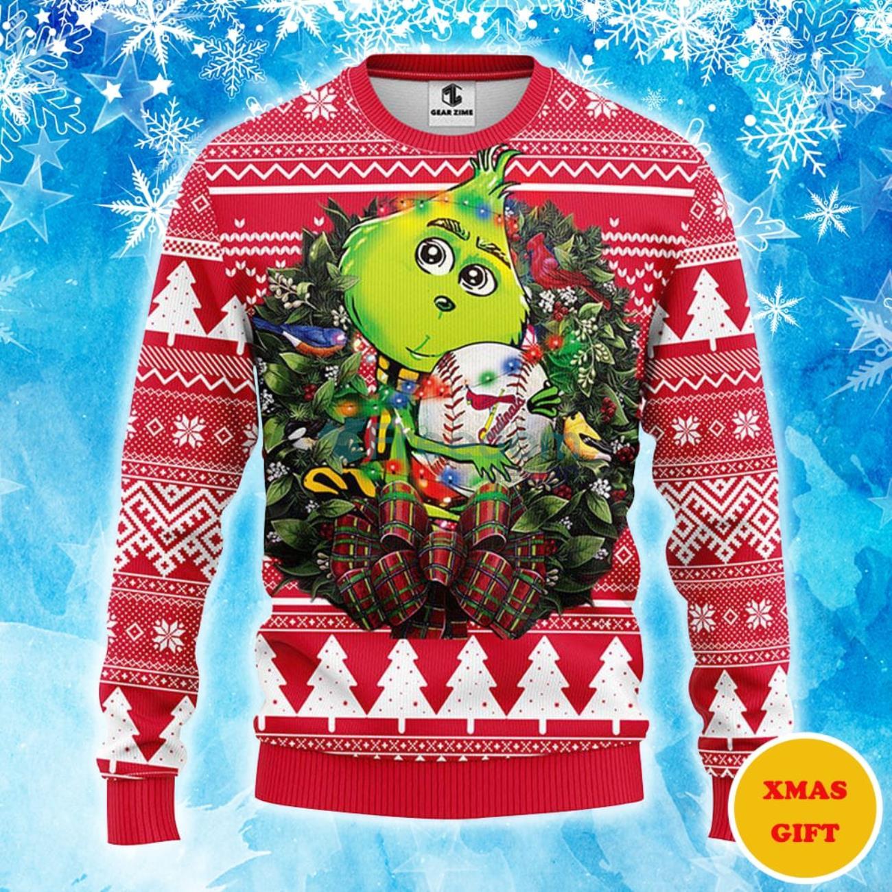 St. Louis Cardinals Grinch Hug Christmas AOP Sweater Product Photo 1