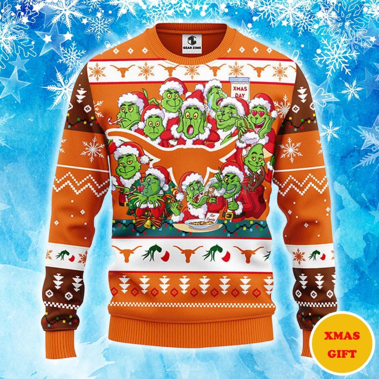 Texas Longhorns 12 Grinch Xmas Day Christmas AOP Sweater Product Photo 1