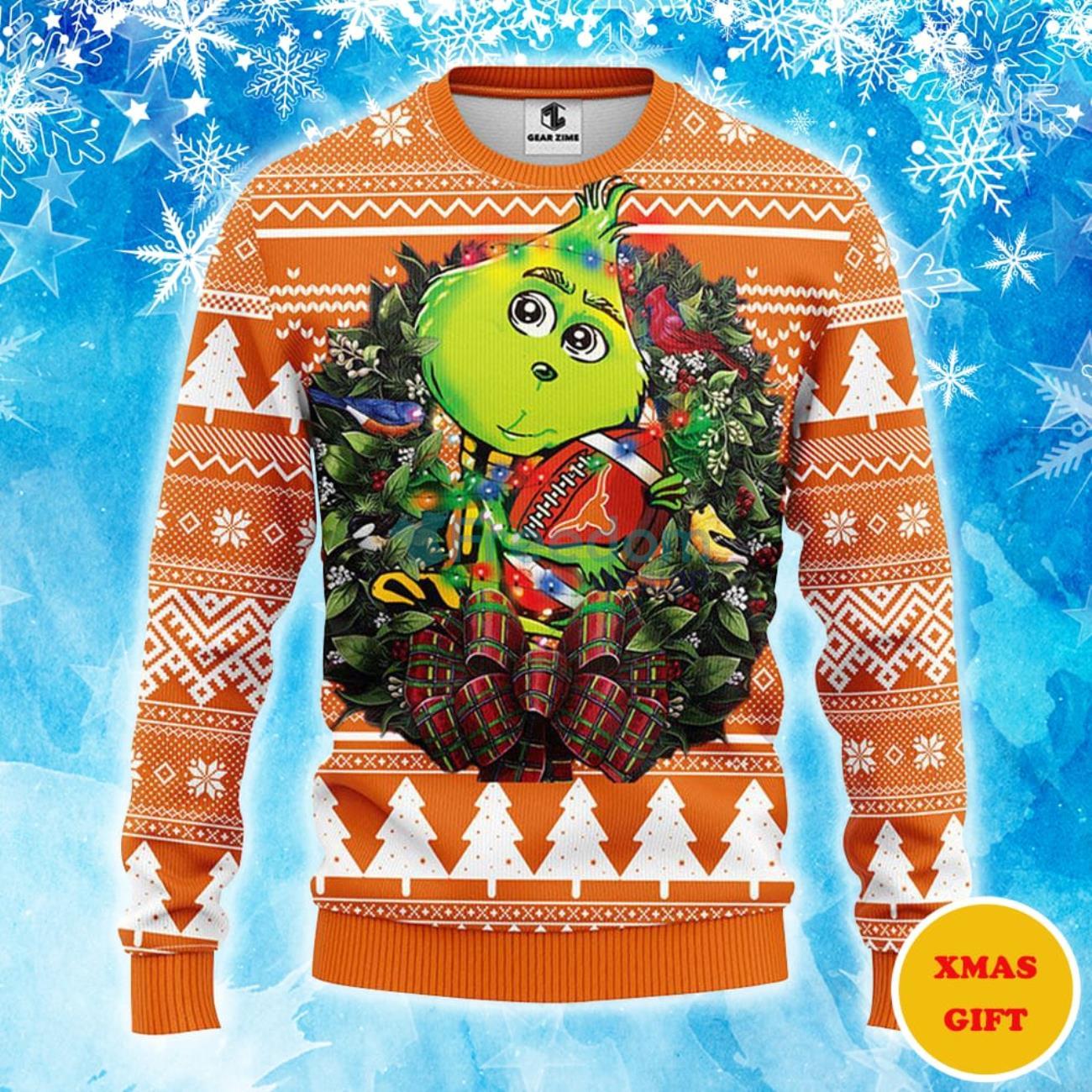 Texas Longhorns Grinch Hug Christmas AOP Sweater Product Photo 1