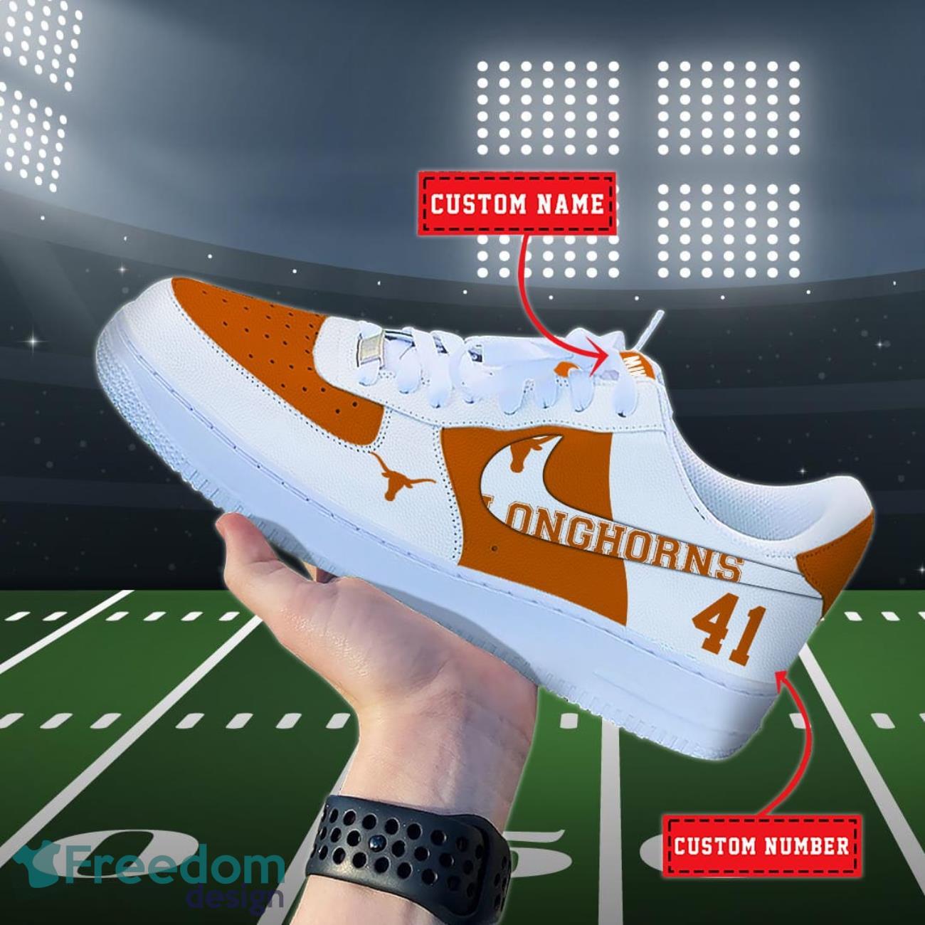 Texas Longhorns NCAA Air Force Shoes Custom Name Product Photo 1