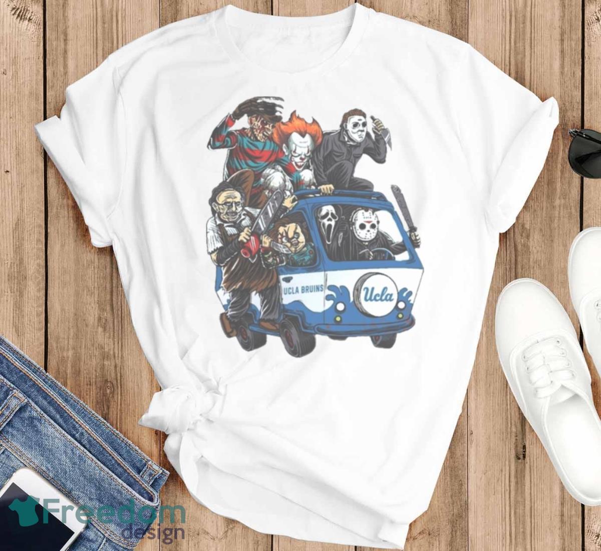 UCLA Bruins Horror Movies Characters Bus Halloween 2023 T Shirt - T-SHIRT FLAT