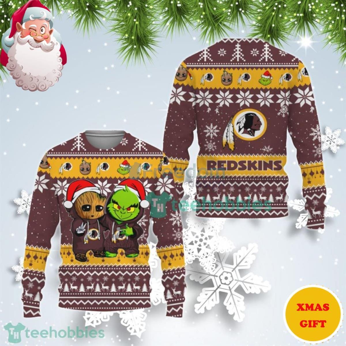 Washington Redskins Baby Groot And Grinch Best Friends 3D Hoodie Christmas  Sweater