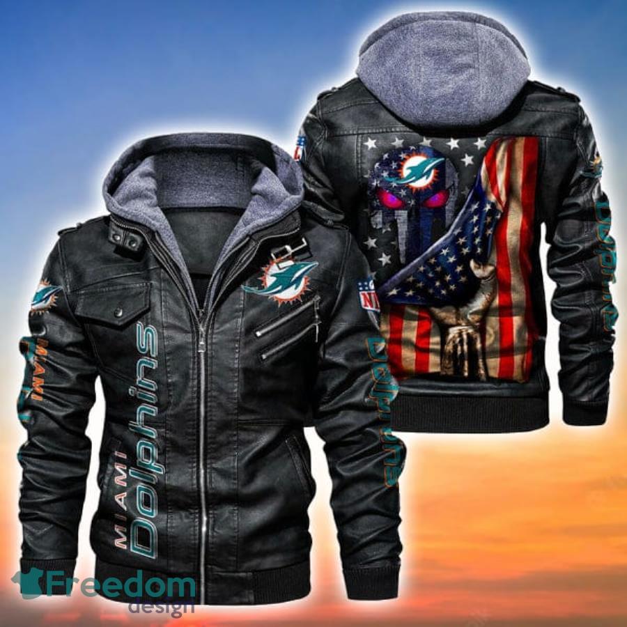 American Flag And Skull Miami Dolphins NFL Leather Jacket Product Photo 2