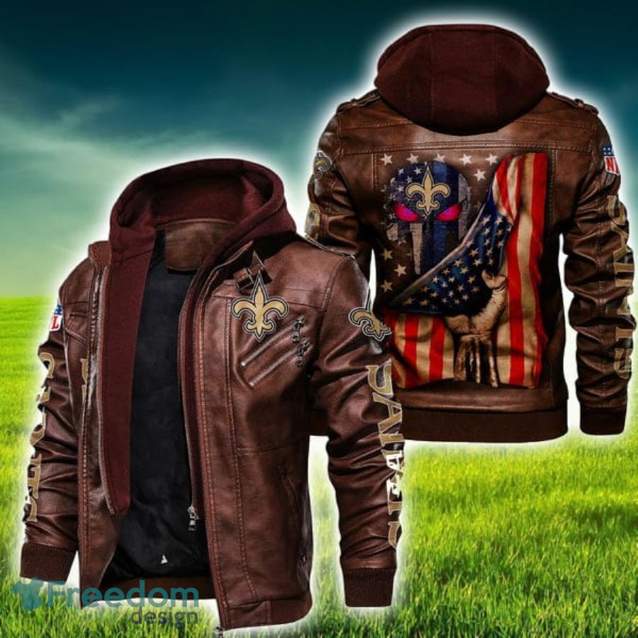 American Flag And Skull New Orleans Saints NFL Leather Jacket Product Photo 1 American Flag And Skull New Orleans Saints NFL Leather Jacket Product Photo 1