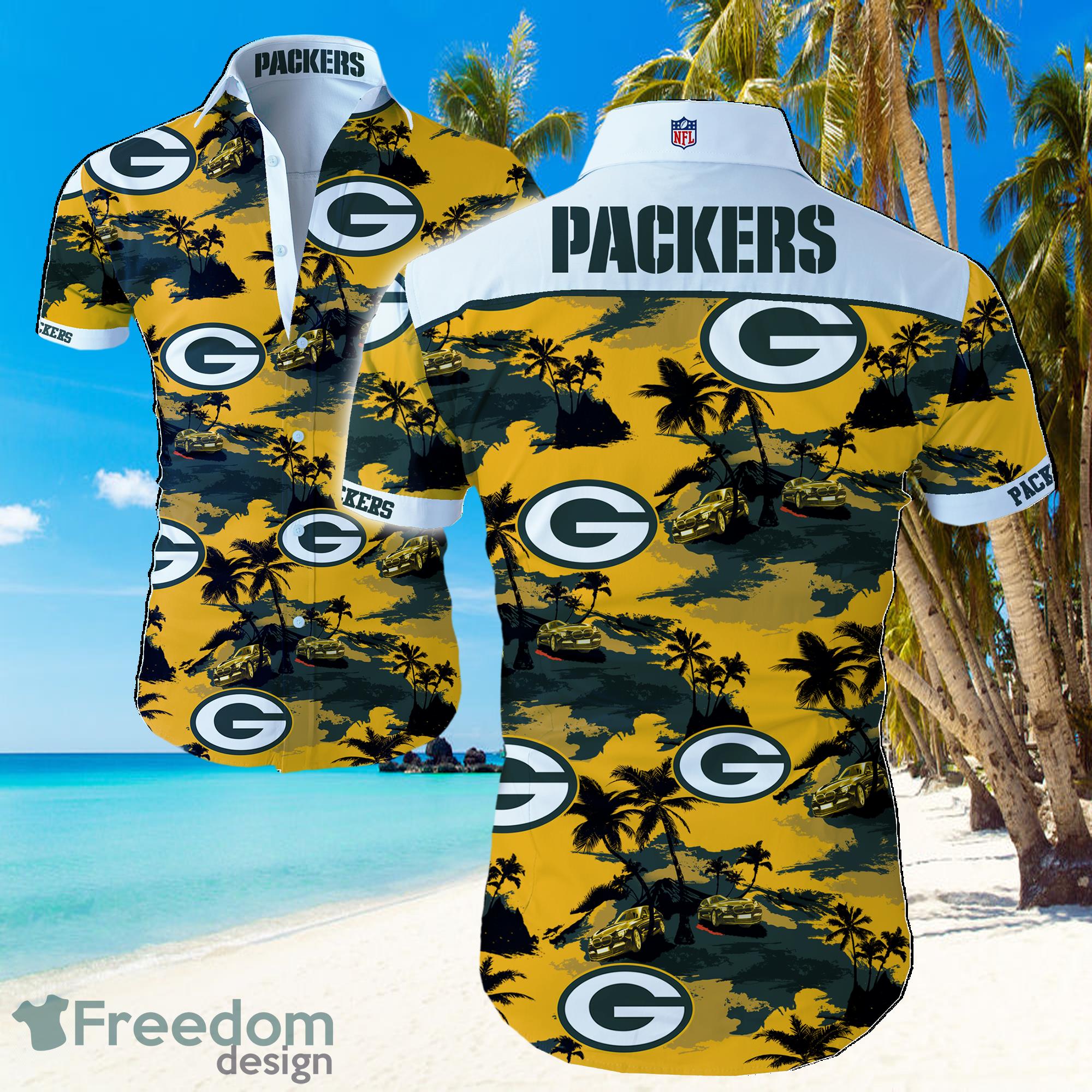 Green Bay Packers Logo NFL Yellow Background Hawaiian Summer Beach Shirt Full Print Product Photo 1