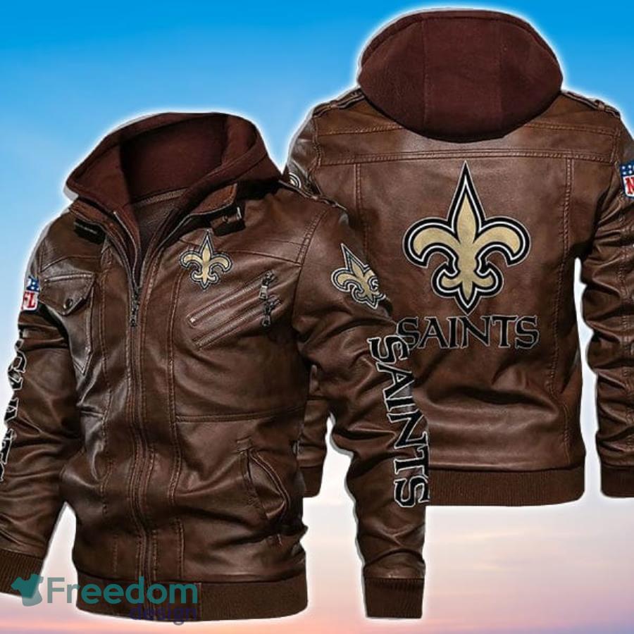 Logo Print New Orleans Saints NFL Leather Jacket Product Photo 1 Logo Print New Orleans Saints NFL Leather Jacket Product Photo 1