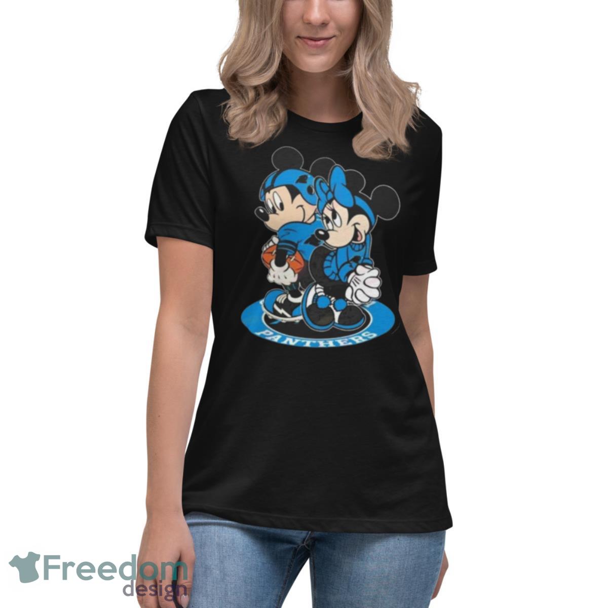 NFL Carolina Panthers Mickey Mouse And Minnie Mouse Shirt - Womens Relaxed Short Sleeve Jersey Tee NFL Carolina Panthers Mickey Mouse And Minnie Mouse Shirt - Womens Relaxed Short Sleeve Jersey Tee