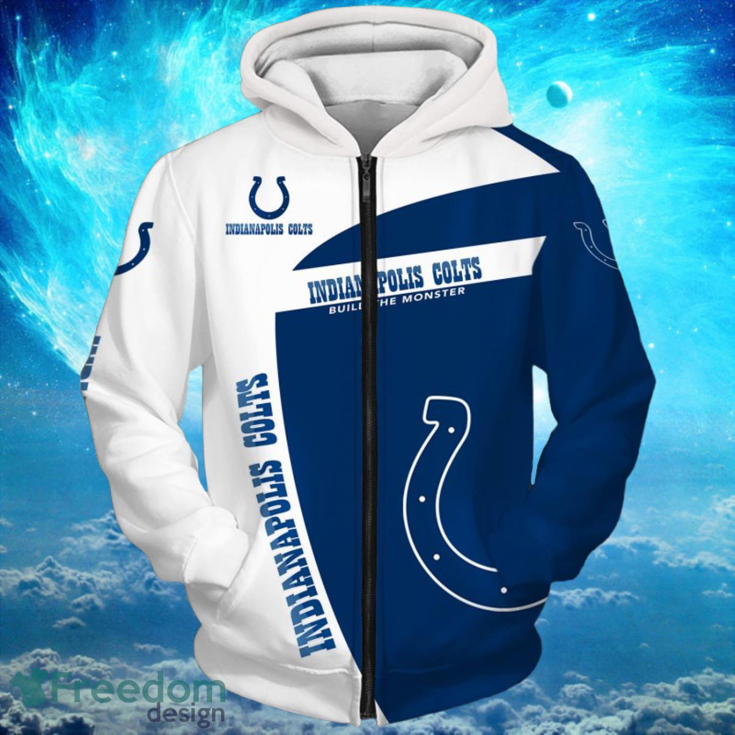 Indianapolis Colts Light Type Build the Monster Hoodies Print Full Product Photo 1