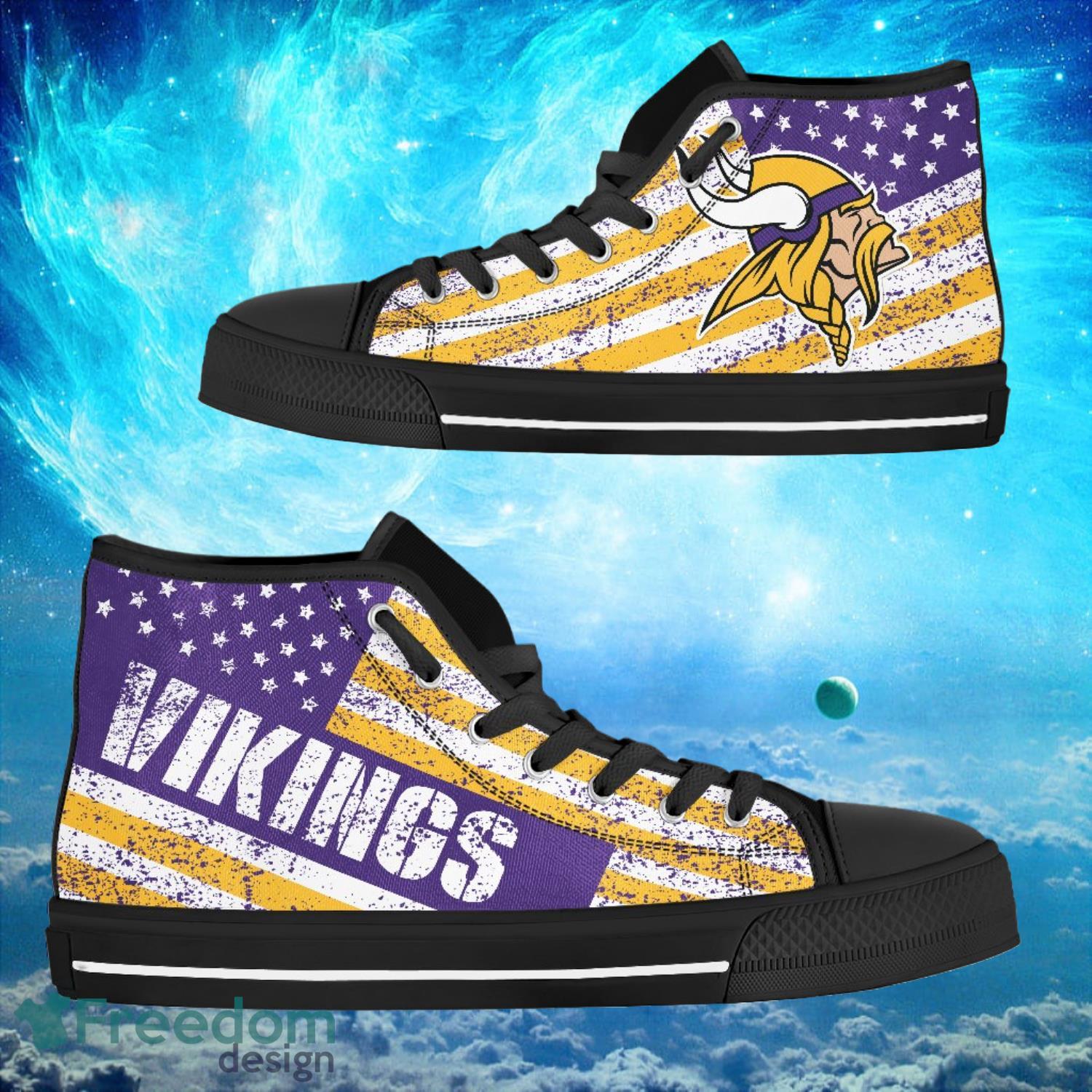 Minnesota Vikings Custom America Flag Italic Vintage Style High Top Shoes Product Photo 1