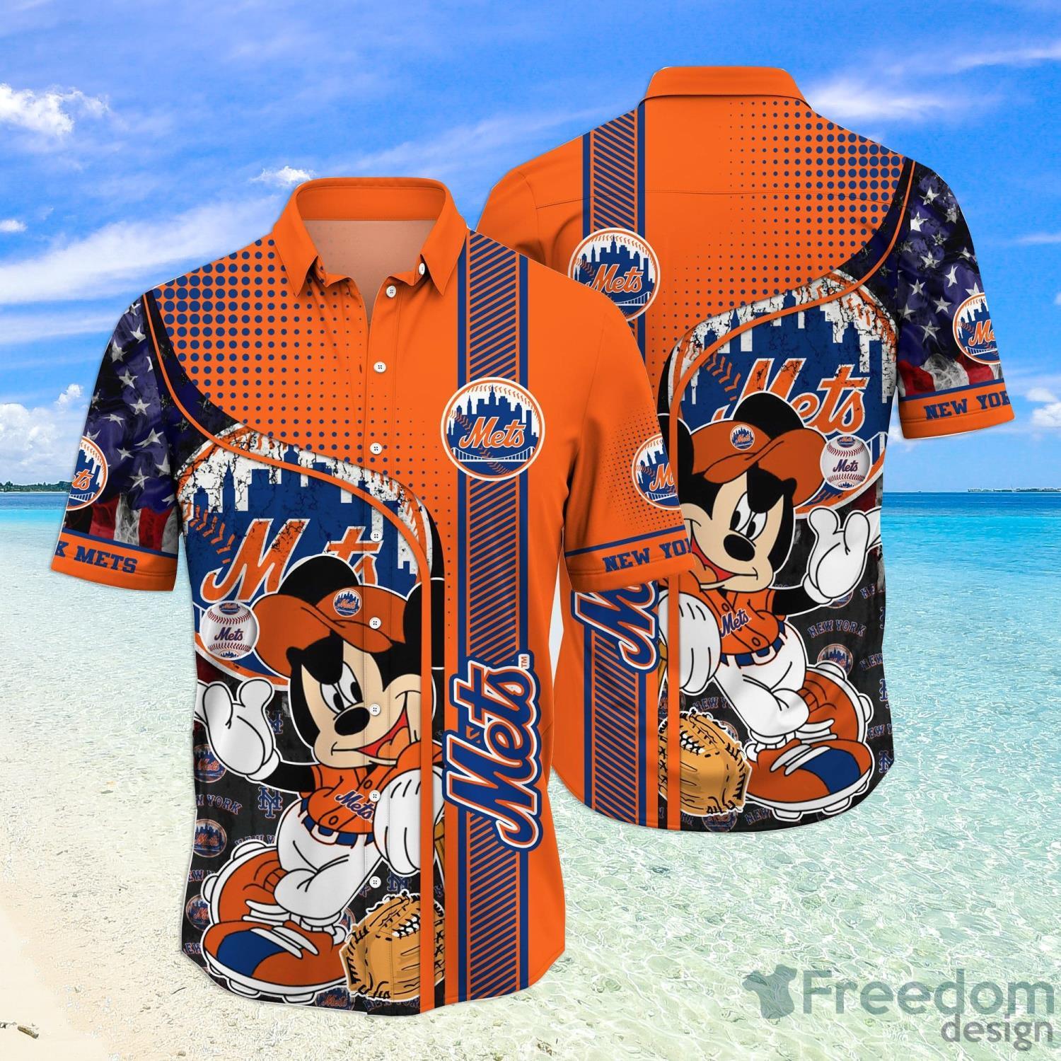 New York Mets Purple Hibiscus Neon Leaf Orange Background 3D Hawaiian Shirt  Gift For Fans - Limotees
