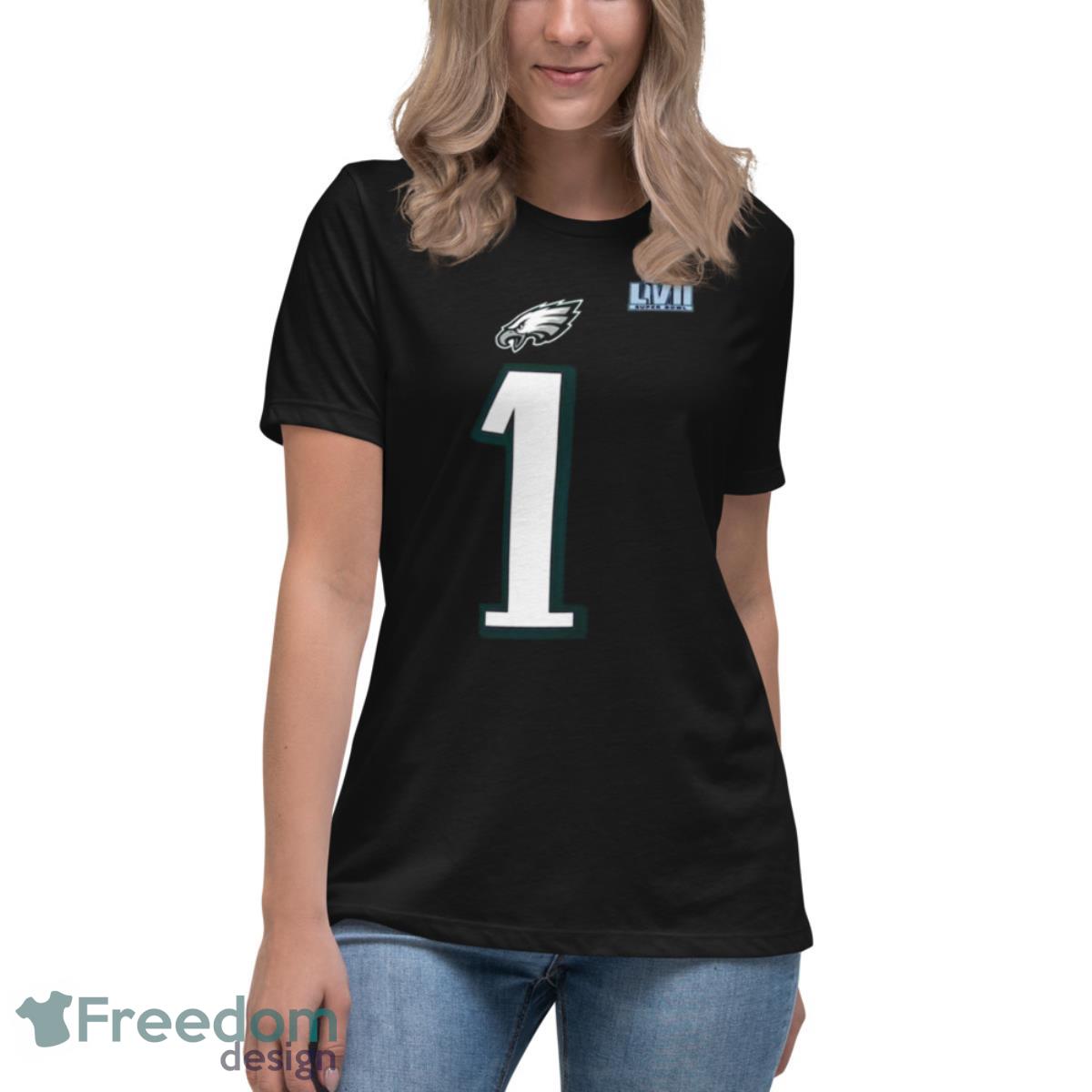 Philadelphia Eagles Jalen Hurts Nike Black Super Bowl LVII 2023 Shirt - Womens Relaxed Short Sleeve Jersey Tee Philadelphia Eagles Jalen Hurts Nike Black Super Bowl LVII 2023 Shirt - Womens Relaxed Short Sleeve Jersey Tee